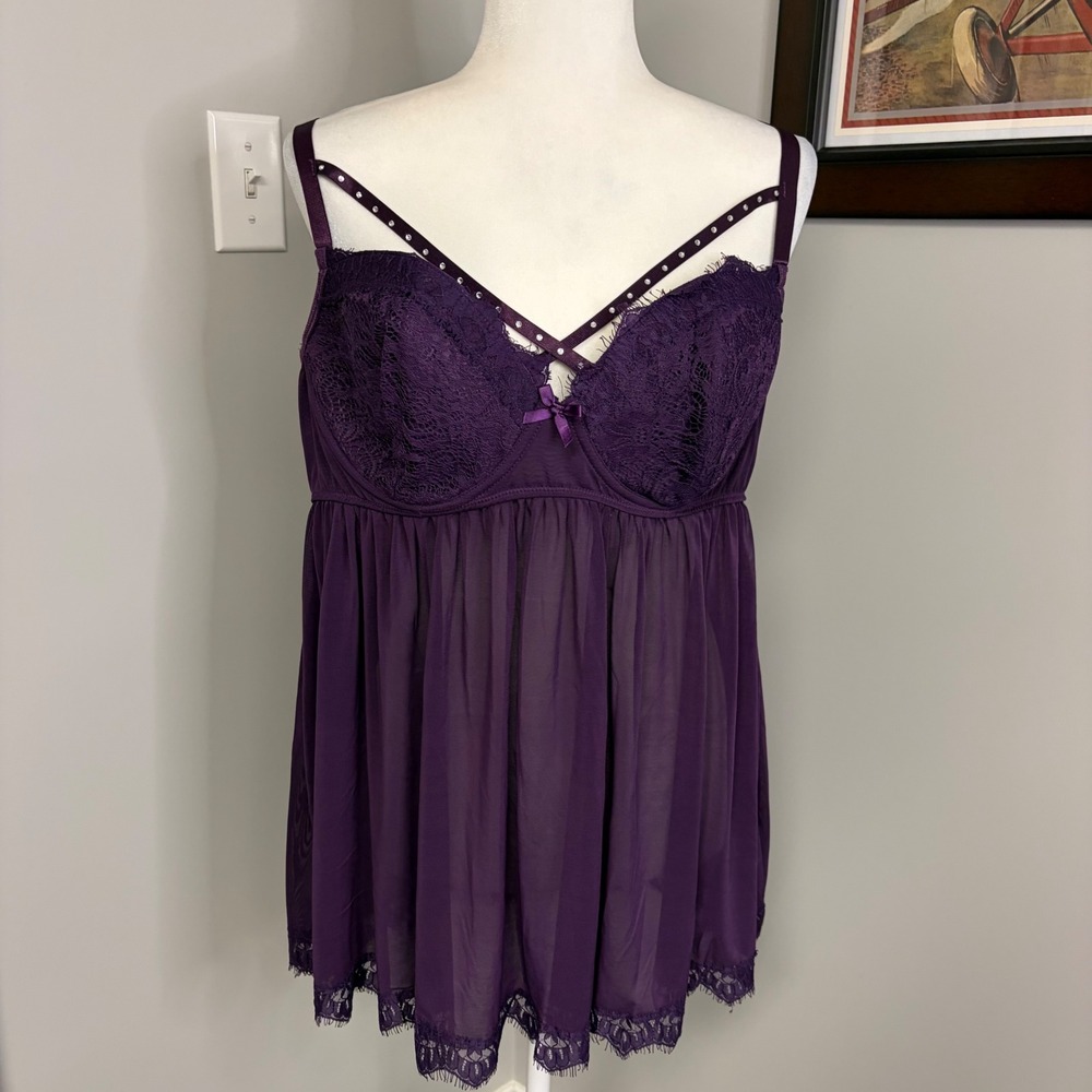 Dreamgirl Purple Lace Babydoll Chemise Rhinestone Strappy Lingerie 1X 12378X